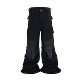 Hearujoy Vintage Washed Detachable Flared Cargos Mens Straight Casual Baggy Overalls Oversized Streetwear Boot Cut Black Color Trousers